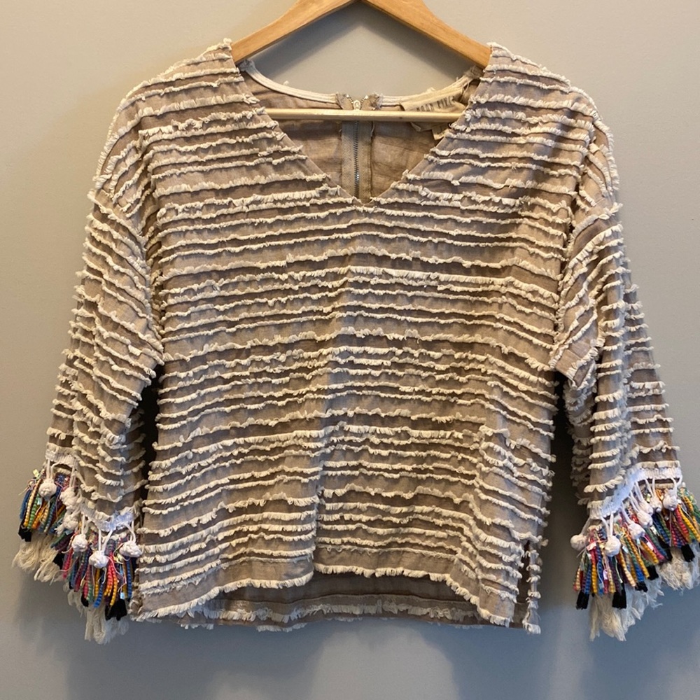 Moon River Tan Striped Festival Fringed Sleeve Top